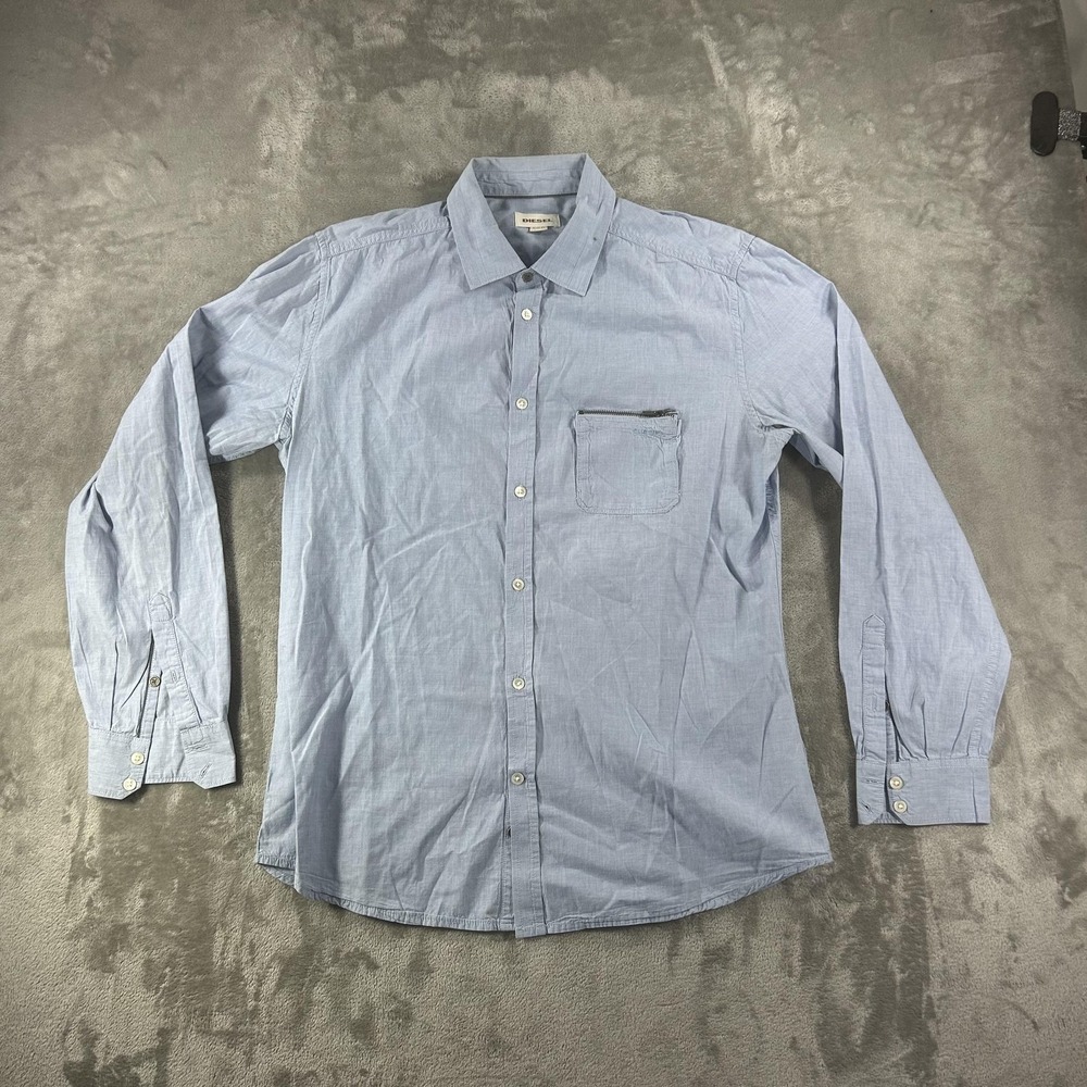 Diesel Shirt Mens XL Blue Chambray Long Sleeve Zipper Pocket Button Up Casual
